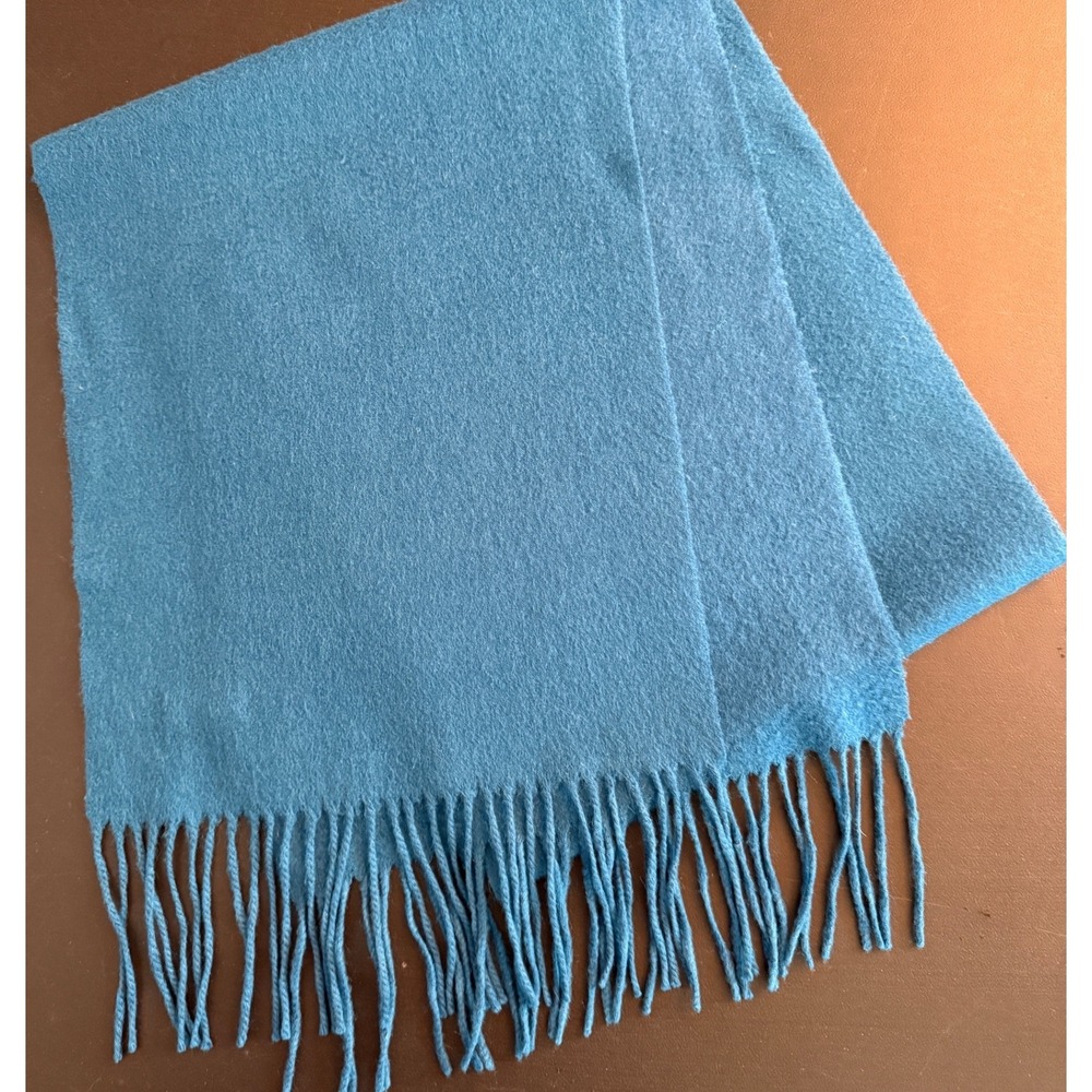 Vintage Alashan Blue Wool Cashmere Fringe Scarf Solid Winter Accessory